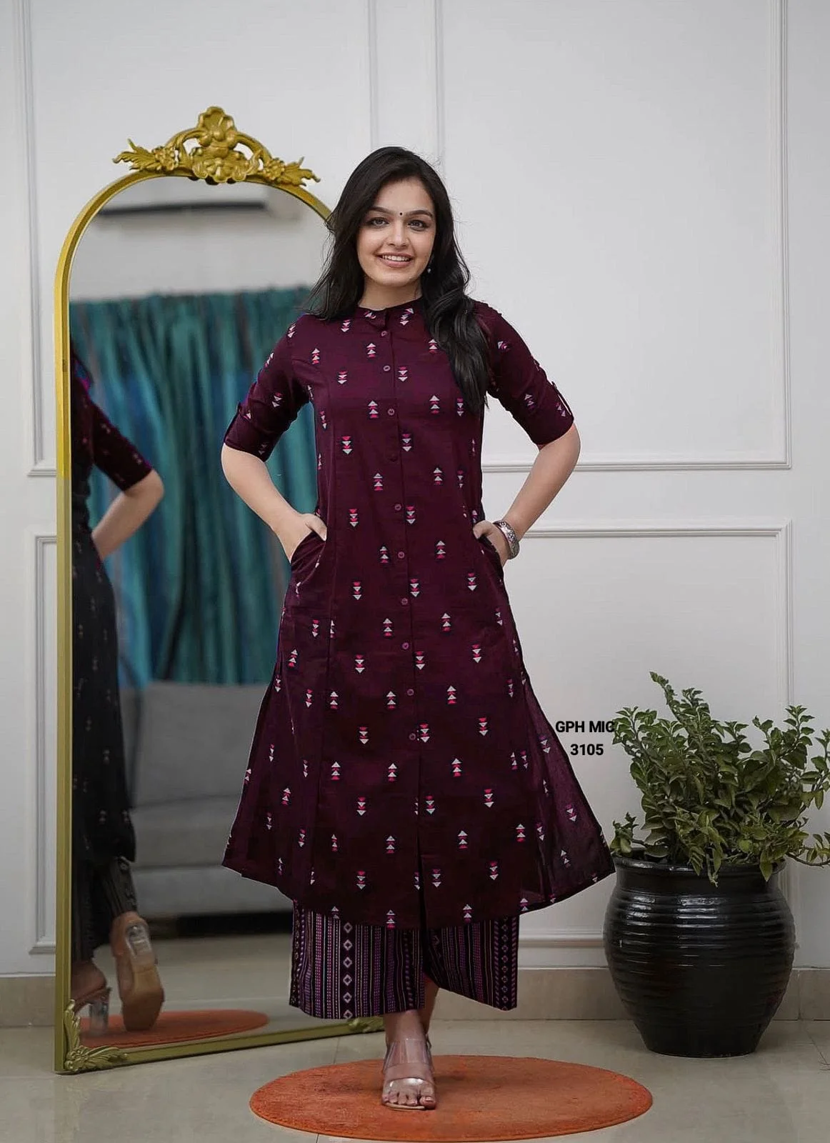 Maroon Printed Straight Kurta with Coordinated Ethnic Palazzo Set for Everyday Grace